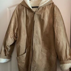 Washable Suede Reversible Tan Hooded Jacket with White Faux Fur Lining.